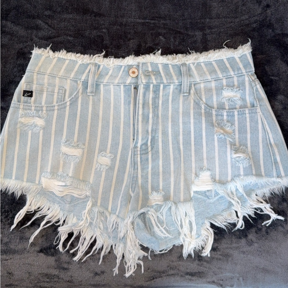 KanCan Light Blue Striped Distressed Jean Shorts